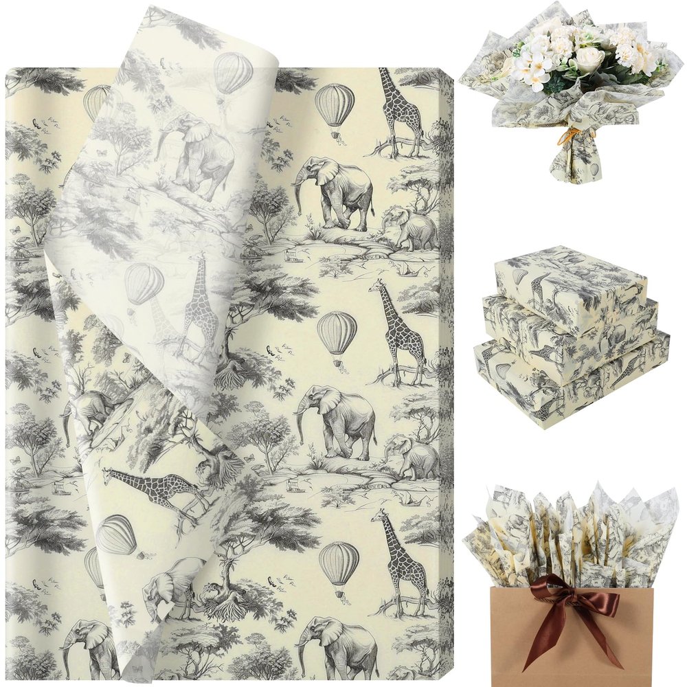 100 Sheets Africa Animals Tissue Paper, Chinoiserie Toile de Jouy Seamless Pattern Art Crafts Paper Elephant Giraffe Balloons Tissue for Birthday Baby Shower Supplies, 13.8'' x 19.7'' (Retro)