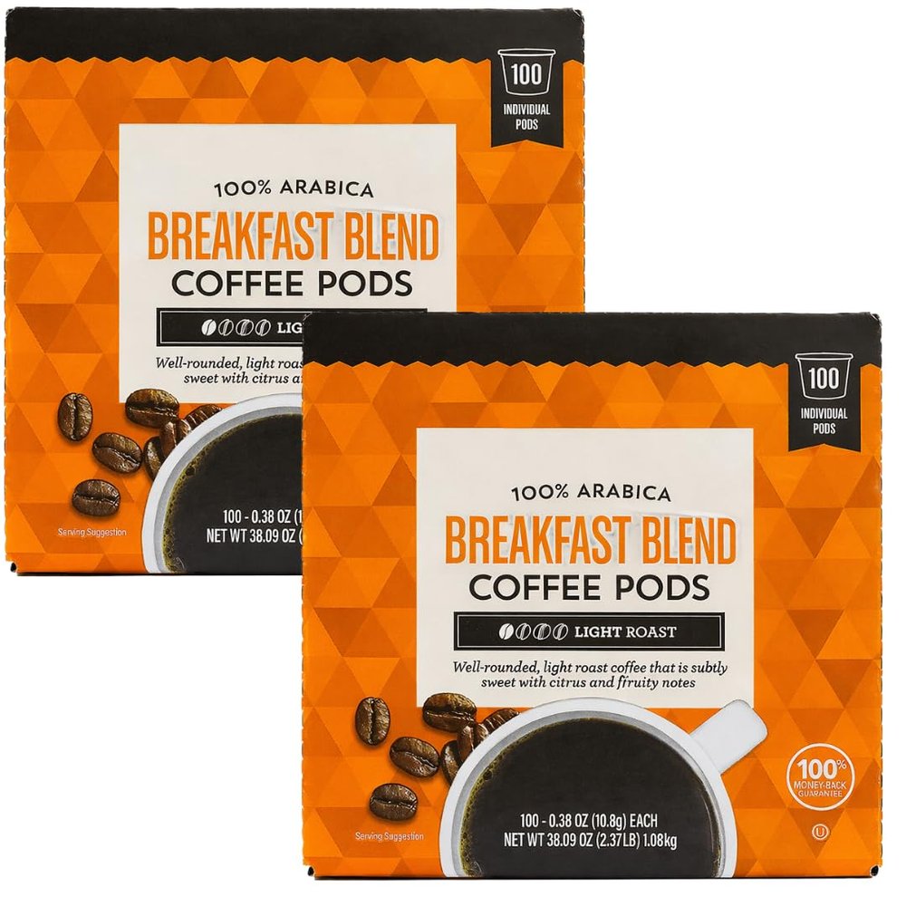 100% Arabica Breakfast Blend Coffee Pods, Light Roast, 100 Individual Pods, 0.38 oz Each (2 Pack)