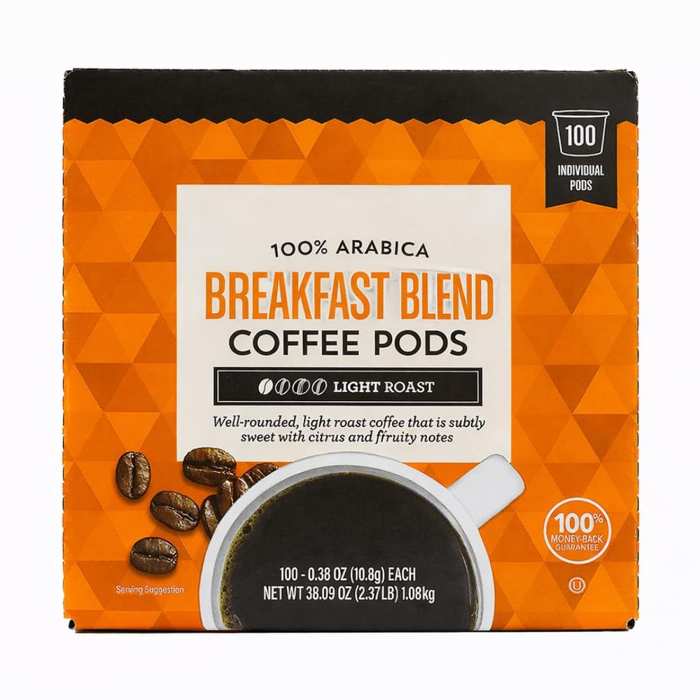 100% Arabica Breakfast Blend Coffee Pods, Light Roast, 100 Individual Pods, 0.38 oz Each (1 Pack)