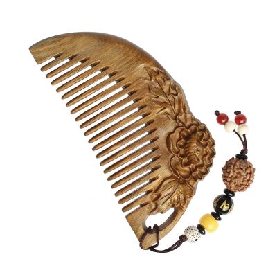 Green Sandalwood Comb Handmade Carved Natural Sandalwood Hair Comb - Portable Sandalwood Carved Small Comb Anti-Static (with Pendant) Hair Comb