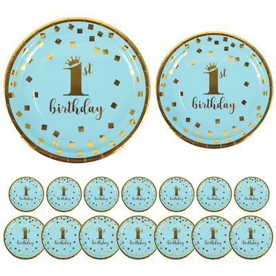 Blue Paper Birthday Plates 16pcs Disposable Dinnerware for First Party