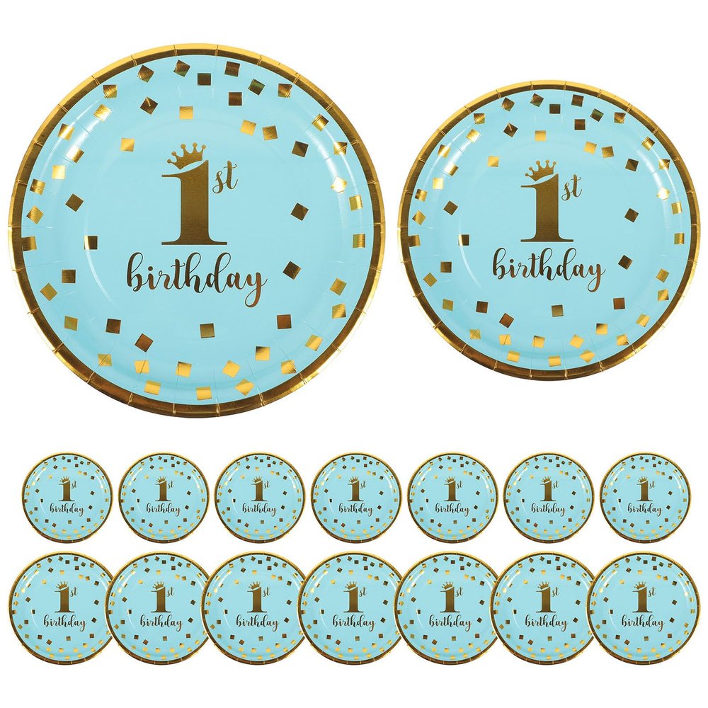 Blue Paper Birthday Plates 16pcs Disposable Dinnerware for First Party
