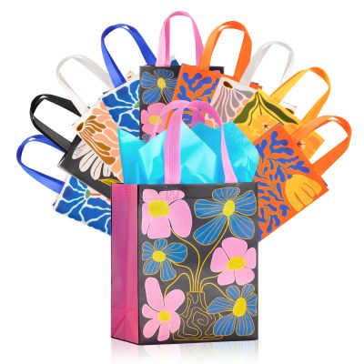10" Floral Reusable Gift Bags Medium Size with Tissue Paper, 24 Pack Non-Woven Wrap Paper Gift Bags with Handles for Return Gifts, Mothers Day, Bridal Showers, Wedding, Baby Shower, Birthday Favors, 6 Assorted Designs
