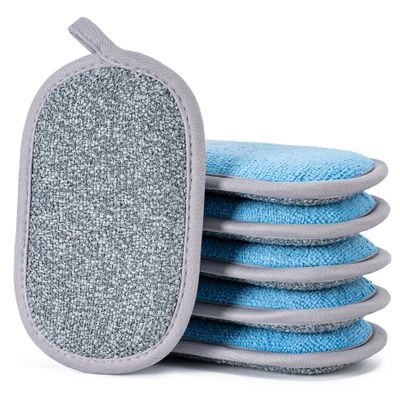Dual-Sided Multi-Purpose Scrub Sponges, Non-Scratch Dishwashing Sponges for Kitchen, Reusable Microfiber Sponge for Efficiently Cleaning Dishes, High Density Sponge Inside (6 Pack, Large) Gray-Blue
