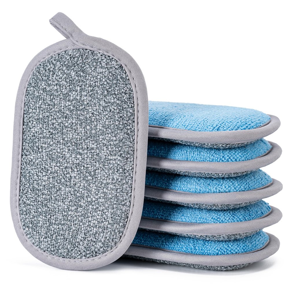 Dual-Sided Multi-Purpose Scrub Sponges, Non-Scratch Dishwashing Sponges for Kitchen, Reusable Microfiber Sponge for Efficiently Cleaning Dishes, High Density Sponge Inside (6 Pack, Large) Gray-Blue