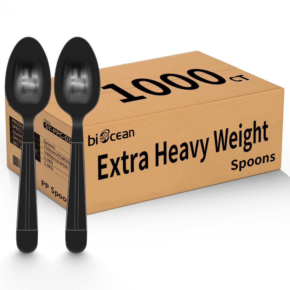 1000 Count Disposable Plastic Spoons Heavy Duty Plastic Spoons Bulk Black Heavy Weight Plastic Silverware for Home Party Picnic