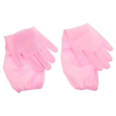 Cabilock Reusable Long Dishwashing Gloves for Women Heat-resistant Pink Kitchen Cleaning Gloves for Dishes and Pet Bathing 1 Pair