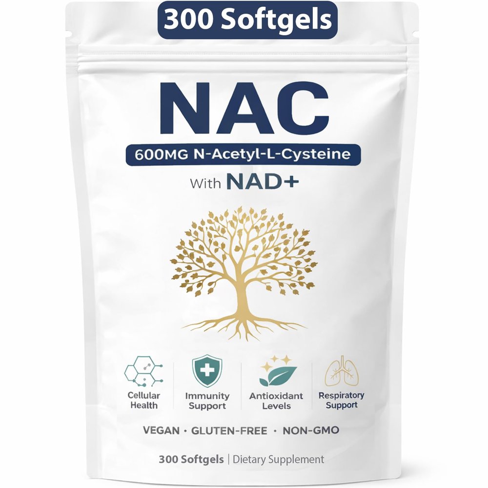 NAC 600mg & NAD Daily Complex, Organic NAC Supplement N-Acetyl Cysteine Capsules with NAD+ for Cellular & Lung Health, Antioxidant Levels and Immune Support, Non-GMO, 300 Softgels