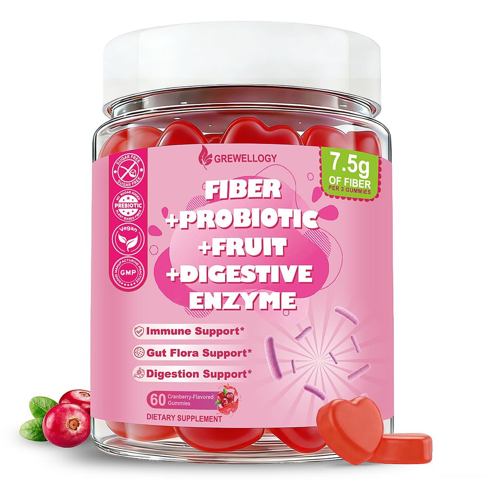 Fiber Gummies 7500mg, Probiotics & Digestive Enzymes, Sugar-Free, Vegan & Gluten-Free Supplement for Gut Health, Bloating Support & Regularity, High Potency Daily Adult (60 Count (Pack of 1))