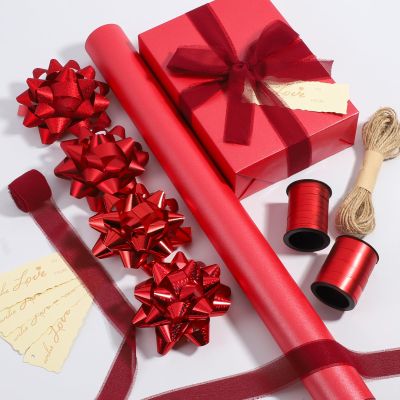 DYSHIPEN 17" Wrapping Paper Rolls with Gift Bows,Crimped Curling Ribbons,Silk Like Satin Ribbon and Gift Tags For Christmas Gift Wrapping Birthday Baby Shower Wedding(16.4 Ft). (Red, 17 Inch)