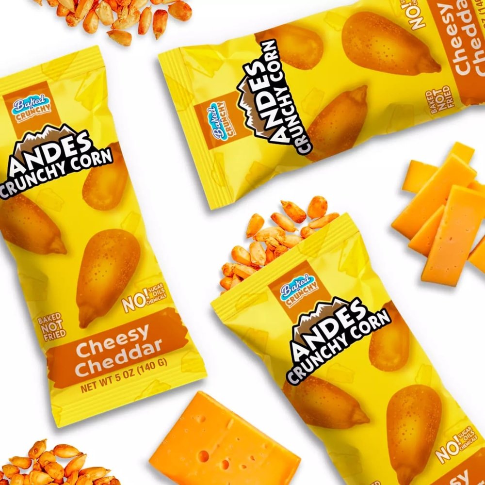 Baked Andes Crunchy Corn 3-Pack | CHEESY CHEDDAR | 3x5oz Bag (15oz Total), Non-GMO, Kosher, Gluten Free, Vegan, No Added Oils, Bolivian Chuspillo Corn, Maiz Cancha, Quico