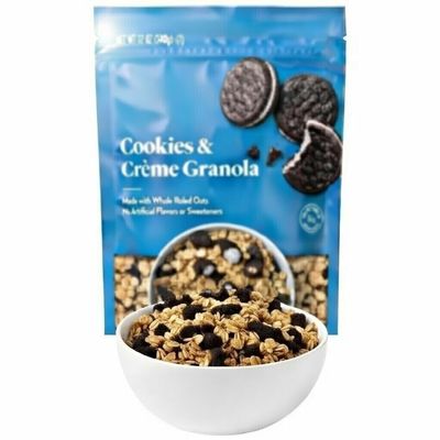 Cookies & Cream Gluten Free Whole Oat Granola with Chocolate Cookie Pieces, Good Fiber Crunchy Snack, Breakfast Cereal Yogurt Topping Treat, 12oz Gather Bag