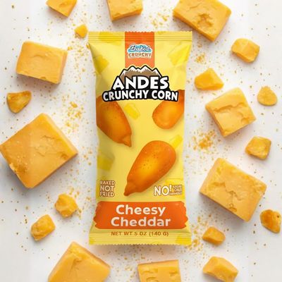 Baked Andes Crunchy Corn CHEESY CHEDDAR | 5oz Bag, Non-GMO, Kosher, Gluten Free, Vegan, No Added Oils, Bolivian Chuspillo Corn, Maiz Cancha, Quico