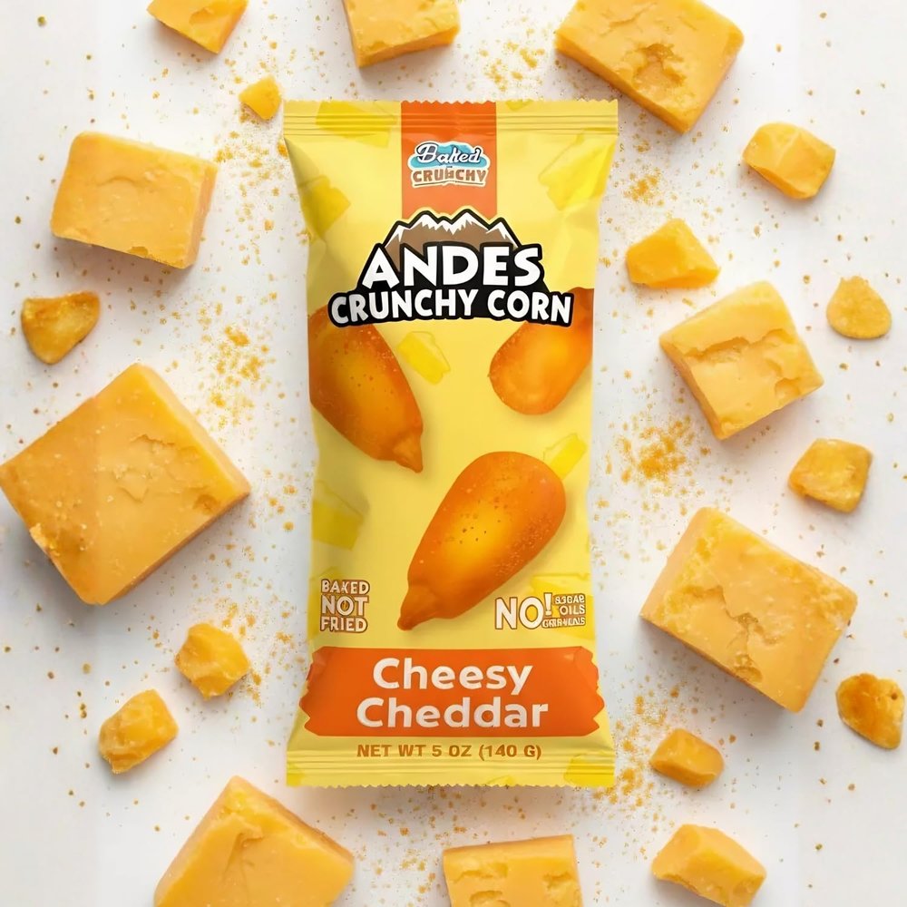 Baked Andes Crunchy Corn CHEESY CHEDDAR | 5oz Bag, Non-GMO, Kosher, Gluten Free, Vegan, No Added Oils, Bolivian Chuspillo Corn, Maiz Cancha, Quico