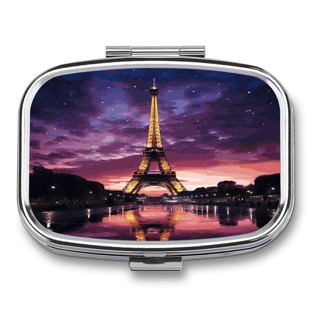 Purple Eiffel Tower Pill Box 2 Compartment Small Square Pills Case Portable for Pocket Pill Organizer Travel Metal Pill Holder for Office Home Vitamin Medicine Fish Oil
