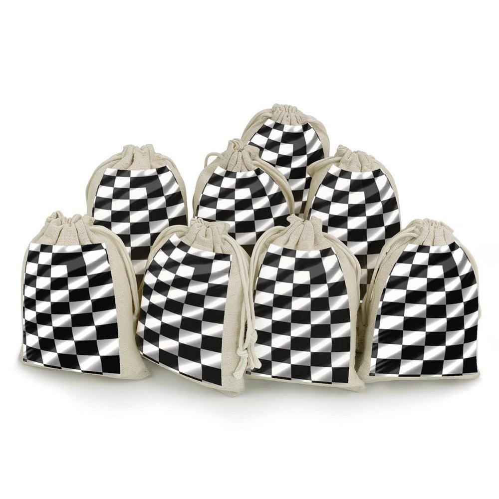 VIDI 8 PCS Black White Race Checkered Flag Drawstring Gift Bags Cotton Linen Party Favors Bags Reusable Burlap Bags for Decorated Event Holiday Party Favors, Wedding Favors