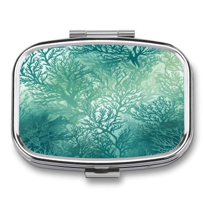 Green Sea Blue Seaweed Pill Box 2 Compartment Small Square Pills Case Portable for Pocket Pill Organizer Travel Metal Pill Holder for Office Home Vitamin Medicine Fish Oil