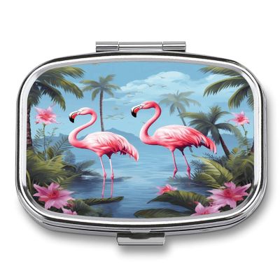 Tropical Flamingos Pill Case Daily Square Small Medicine Case Vitamin Organizer Box 2 Compartments Portable Metal Travel Medicine Box for Vitamins Fish Oils Supplements