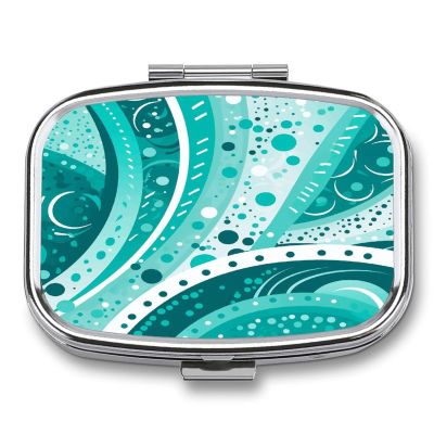 Turquoise and White Circle Pill Case Daily Square Small Medicine Case Vitamin Organizer Box 2 Compartments Portable Metal Travel Medicine Box for Vitamins Fish Oils Supplements