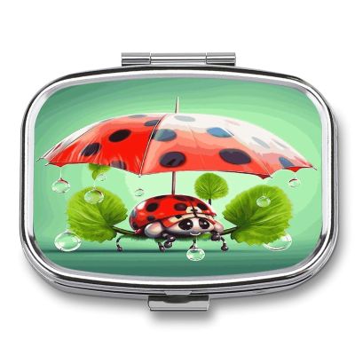 Funny Ladybug Holding Umbrellas Pill Box 2 Compartment Small Square Pills Case Portable for Pocket Pill Organizer Travel Metal Pill Holder for Office Home Vitamin Medicine Fish Oil