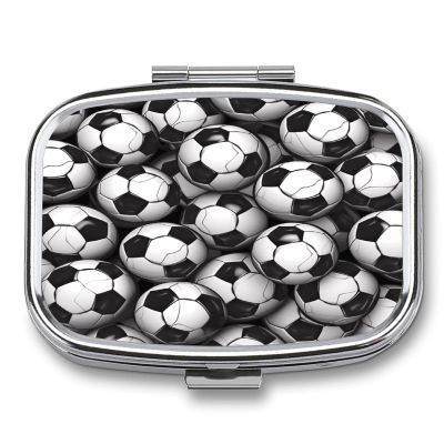 Black and White Soccer Ball Pattern Pill Case Daily Square Small Medicine Case Vitamin Organizer Box 2 Compartments Portable Metal Travel Medicine Box for Vitamins Fish Oils Supplements