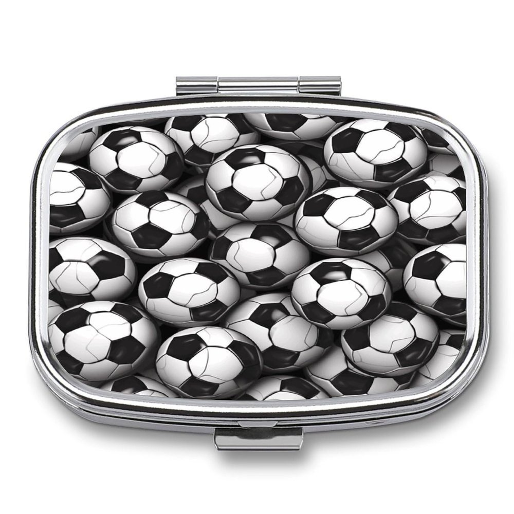 Black and White Soccer Ball Pattern Pill Case Daily Square Small Medicine Case Vitamin Organizer Box 2 Compartments Portable Metal Travel Medicine Box for Vitamins Fish Oils Supplements