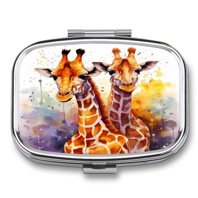 Watercolor Giraffes Pill Case Daily Square Small Medicine Case Vitamin Organizer Box 2 Compartments Portable Metal Travel Medicine Box for Vitamins Fish Oils Supplements