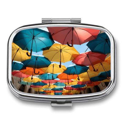 Colored Umbrellas Pill Case Daily Square Small Medicine Case Vitamin Organizer Box 2 Compartments Portable Metal Travel Medicine Box for Vitamins Fish Oils Supplements