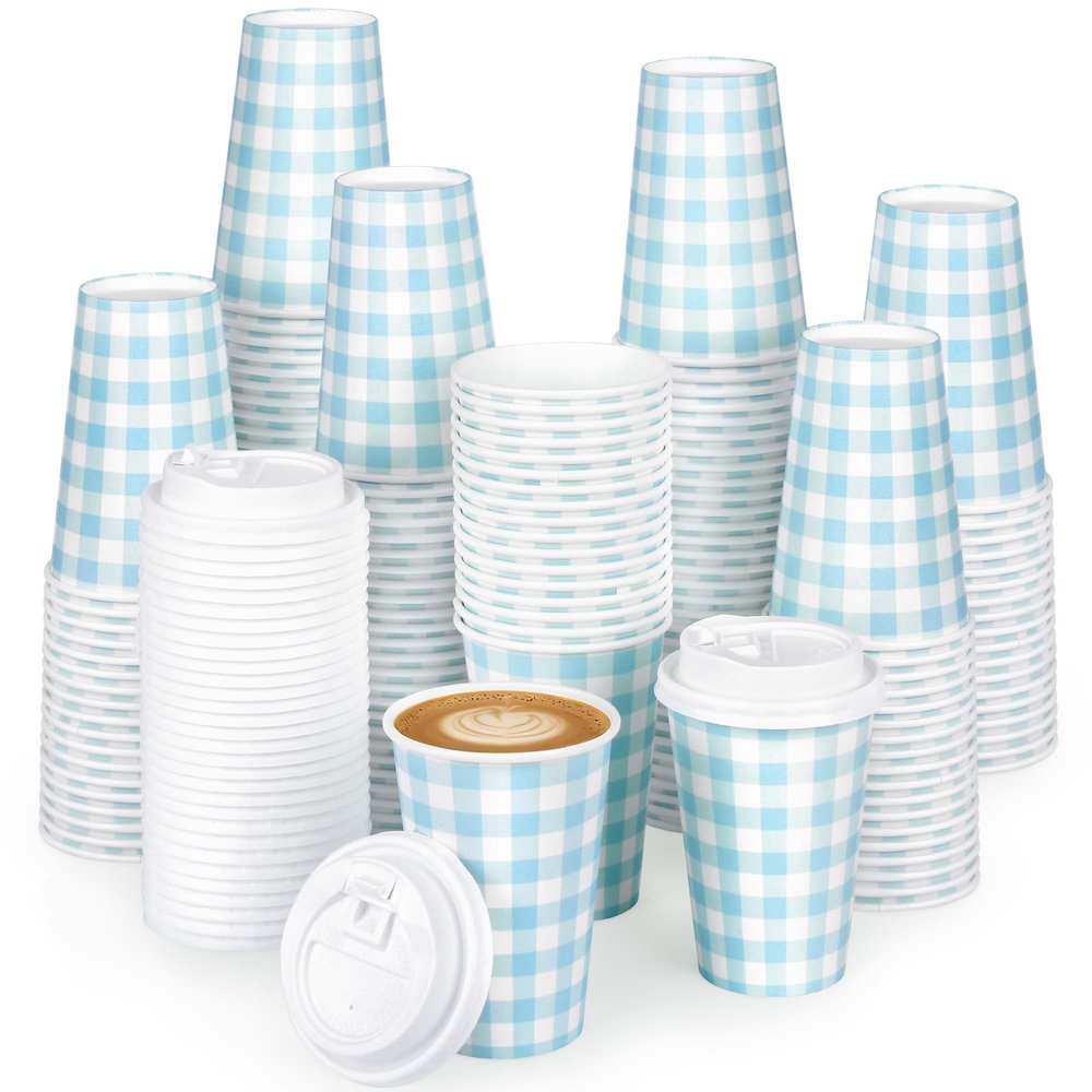 100 PACK 12OZ Gingham Disposable Coffee Cups with Lids, Blue Disposable Plaid To Go Paper Coffee Cups Light Blue Checkered Coffee Cup for Hot/Cold Drinks Beverages, Baby Shower, wedding, Tea Party