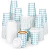 100 PACK 12OZ Gingham Disposable Coffee Cups with Lids, Blue Disposable Plaid To Go Paper Coffee Cups Light Blue Checkered Coffee Cup for Hot/Cold Drinks Beverages, Baby Shower, wedding, Tea Party view 1
