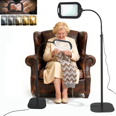 10X 30X Rectangle Magnifying Glass with Light and Floor Stand, Flexible Metal Gooseneck Floor Lamp Large Lighted Magnifier, 5 Color Stepless Dimming, Hands-Free for Close Work Reading Crafts Sewing
