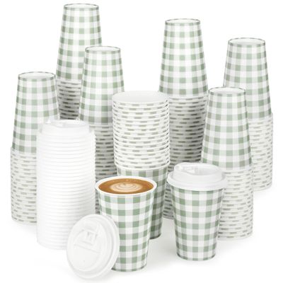 100 PACK 12OZ Gingham Disposable Coffee Cups with Lids, Sage Green Disposable Plaid To Go Paper Coffee Cups Sage Green Checkered Coffee Cup for Hot/Cold Drinks Beverages, Baby Shower, Tea Party