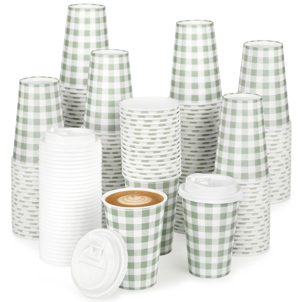 100 PACK 12OZ Gingham Disposable Coffee Cups with Lids, Sage Green Disposable Plaid To Go Paper Coffee Cups Sage Green Checkered Coffee Cup for Hot/Cold Drinks Beverages, Baby Shower, Tea Party