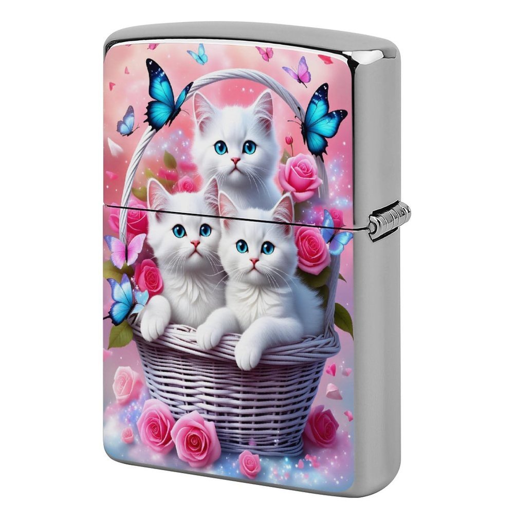 HTSAHKV White Kitten Butterfly Flower Metal Lighter Case Lighter House Cover Fit Lighters Protective Fashion Accessory Man Women Gifts 2.2x1.5in