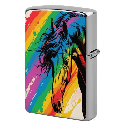 HTSAHKV Rainbow Watercolor Horse Metal Lighter Case Lighter House Cover Fit Lighters Protective Fashion Accessory Man Women Gifts 2.2x1.5in