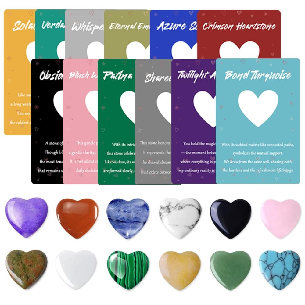 12 PCS Heart Crystal Healing Stones Bulk Set 1 Inch Rose Quartz Amethyst Polished Love Gemstones Spiritual Gifts Exchange for Women Galentines