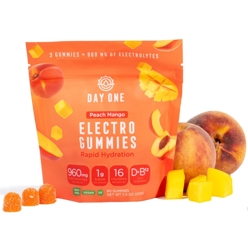 Day One Electrogummies - 60pcs. of Peach Mango Flavored Electrolyte Gummies for Hydration - Packed with Essential Electrolytes Ideal for Workouts, Running, Hiking and More