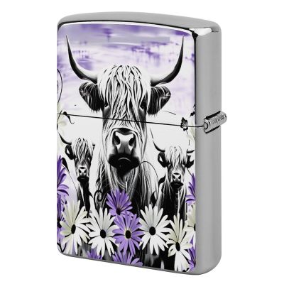 HTSAHKV Purple Western Farmhouse Highland Cow Print Metal Lighter Case Lighter House Cover Fit Lighters Protective Fashion Accessory Man Women Gifts 2.2x1.5in