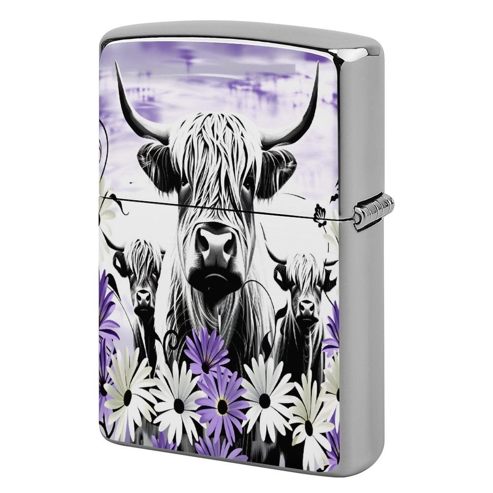 HTSAHKV Purple Western Farmhouse Highland Cow Print Metal Lighter Case Lighter House Cover Fit Lighters Protective Fashion Accessory Man Women Gifts 2.2x1.5in
