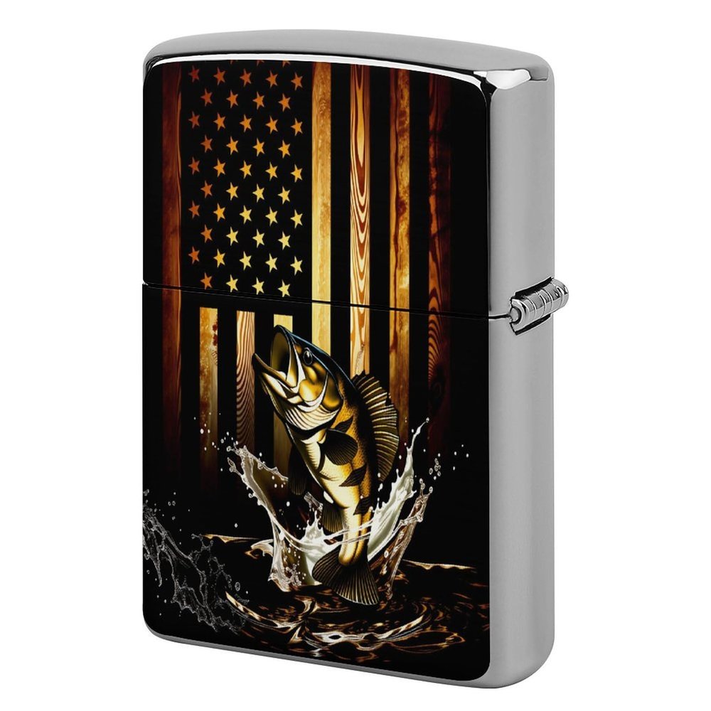 HTSAHKV Vintage American Flag Bass Fish Metal Lighter Case Lighter House Cover Fit Lighters Protective Fashion Accessory Man Women Gifts 2.2x1.5in