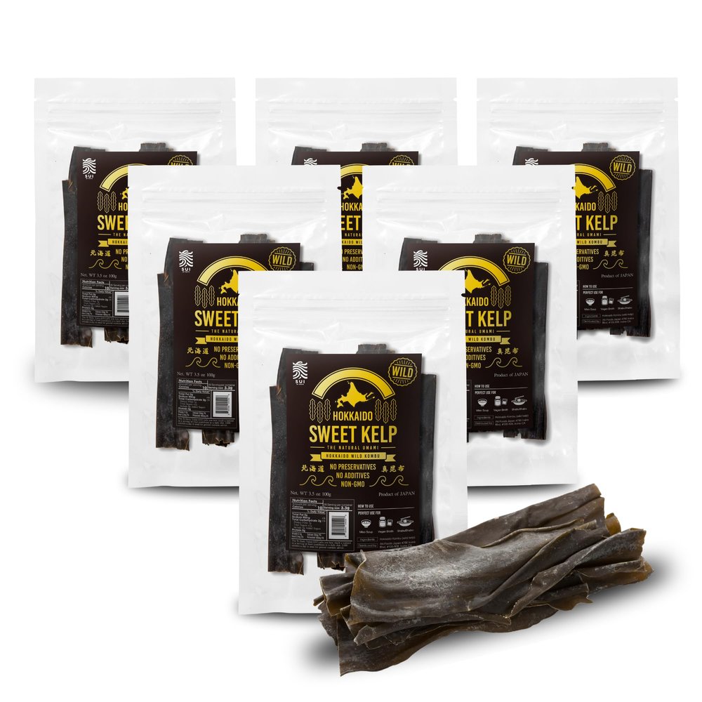 Hokkaido Sweet Kelp, Natural Umami, Wild Kombu from Hokkaido | No preservatives, No additives, Non-GMO | Japanese Dried Seaweed | 3.5oz (100g) by SUI of Tokyo (Pack of 6)