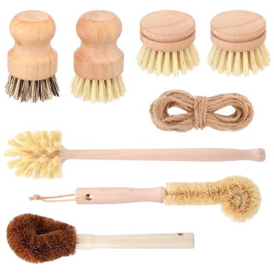 8 Pcs Bamboo Dish Brush Dish Washing Scrub Bottle Brushes Wooden Palm Pot Brush Cleaning Scrubbers with Natural Sisal Bristles Long Handle for Pots Pans, Vegetables, Household Cleaning