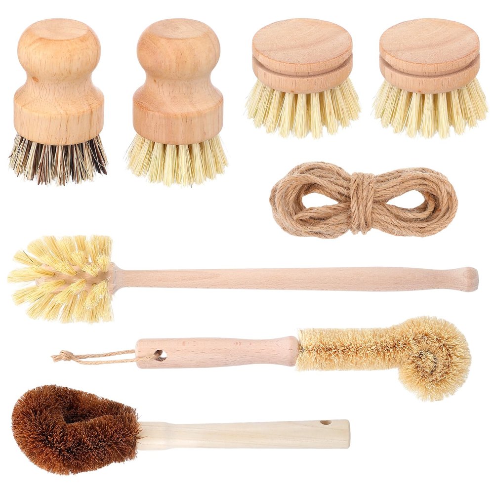 8 Pcs Bamboo Dish Brush Dish Washing Scrub Bottle Brushes Wooden Palm Pot Brush Cleaning Scrubbers with Natural Sisal Bristles Long Handle for Pots Pans, Vegetables, Household Cleaning