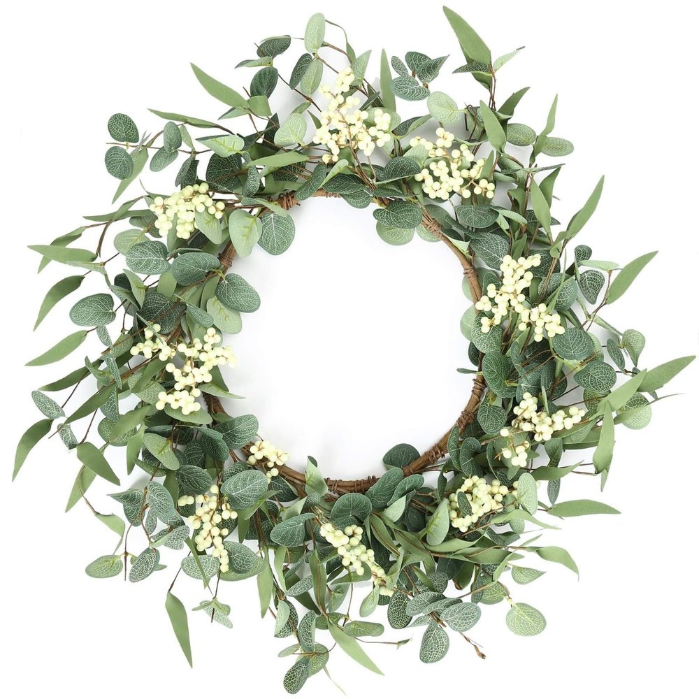 20 Inch Eucalyptus Wreath, Artificial White Berries Olives Leaves Greenery Spring Wreath,Faux Large Front Door Wreath for Wedding Home Outdoor Wall Porch Window Farmhouse Decor