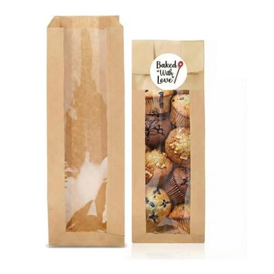 TODOKRAFT 50 Kraft Bakery Bags with Clear Window, Paper Sandwich Bags for Baguettes, Cookies & Pastries, Food Safe Packaging Bags, Includes Baked with Love Stickers