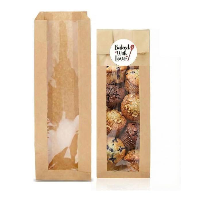 TODOKRAFT 50 Kraft Bakery Bags with Clear Window, Paper Sandwich Bags for Baguettes, Cookies & Pastries, Food Safe Packaging Bags, Includes Baked with Love Stickers
