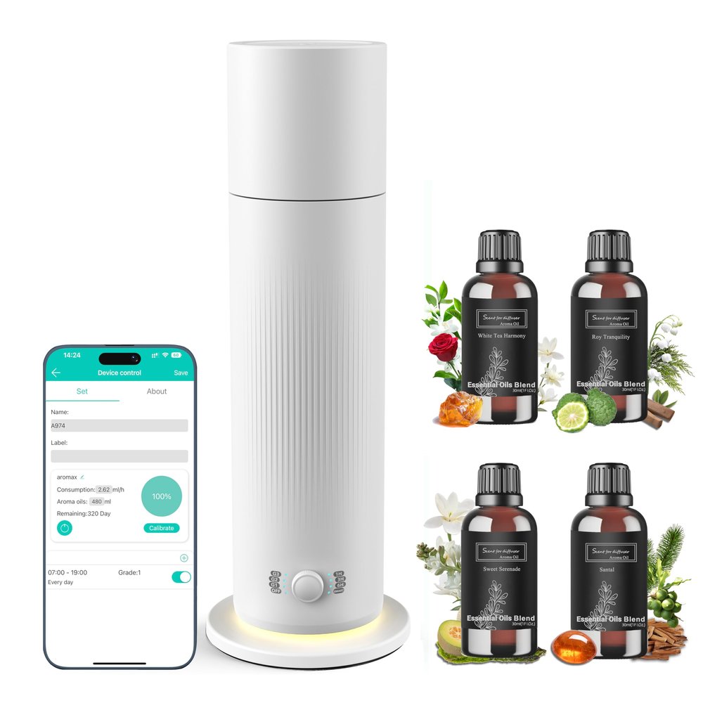 Waterless Essential Oil Diffuser, Scent Air Machine for Home with 4x30ml Hotel Scent Oil Sets, Covers Up to 1000 Sq.Ft, Adjustable Mist & Timer, Hotel and Commercial Use