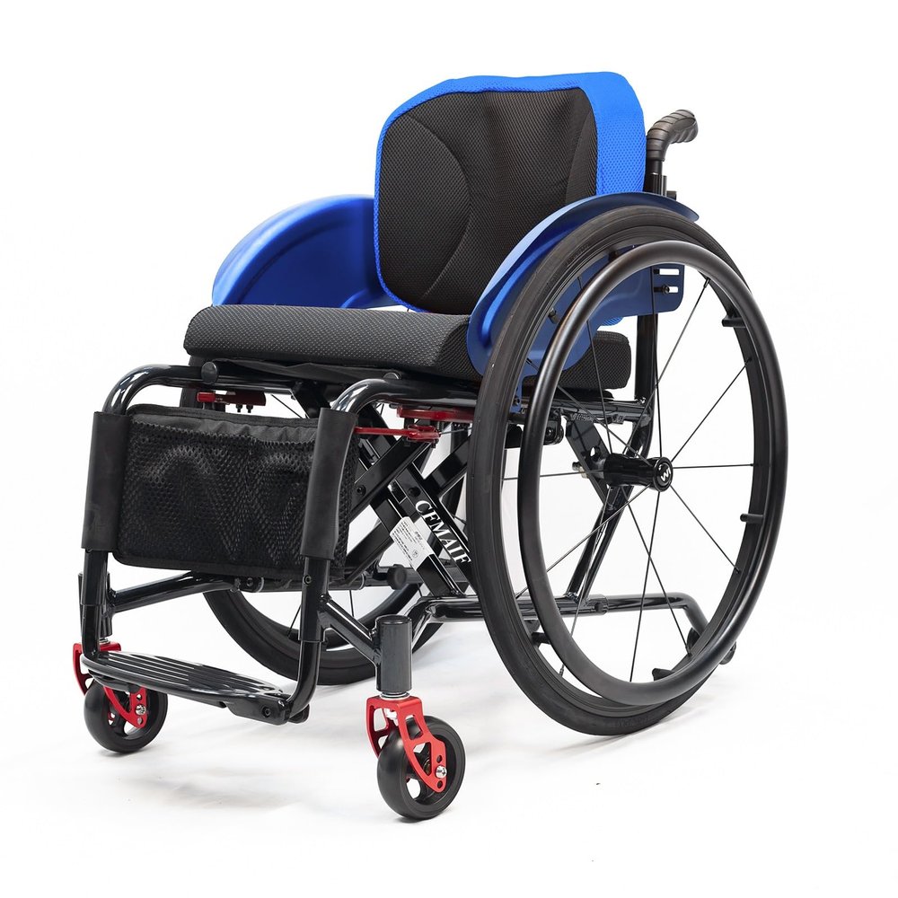 CFMAIF Lightweight Folding Sports Wheelchair, Aluminum Alloy Wheelchair with Handbrakes, Adjustable Footrest and Seat Height(Blue,34cm/13.3in)
