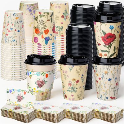 LemonRoad 100 Sets 12 oz Vintage Floral Paper Disposable Coffee Cups with Lid, Sleeves, 4 Color Spring Cute Flower Designs Cups Party Supplies for Tea Hot Drink Cold Beverage Cocoa(Vintage Flower)