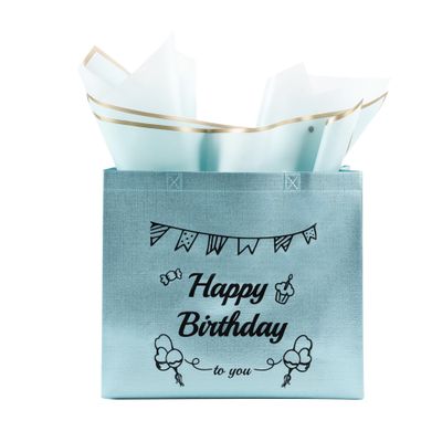 Pepple Haus Happy Birthday Gift Bag, Blue with Black HBD & CAKE DESIGN, Birthday Present Bag for Party Favors, Size 12.59"x11.02"x4.33"